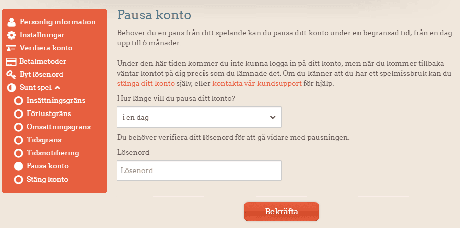 pausa konto hos LeoVegas