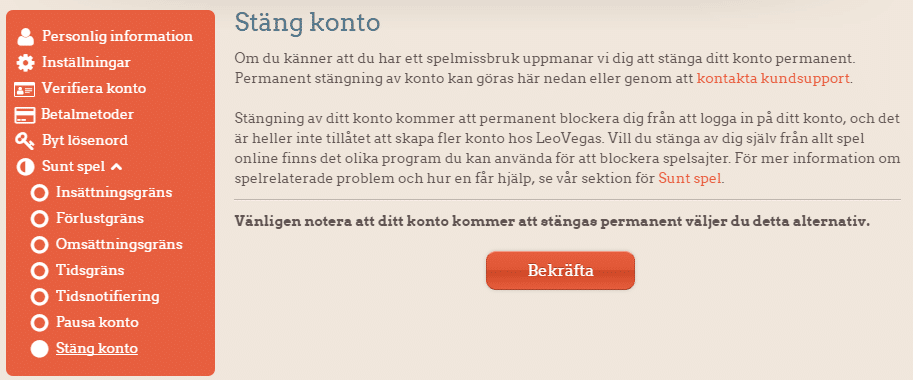 stäng konto hos LeoVegas