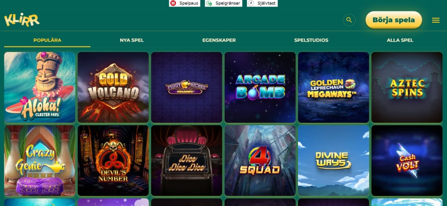 Klirr casino spelutbud