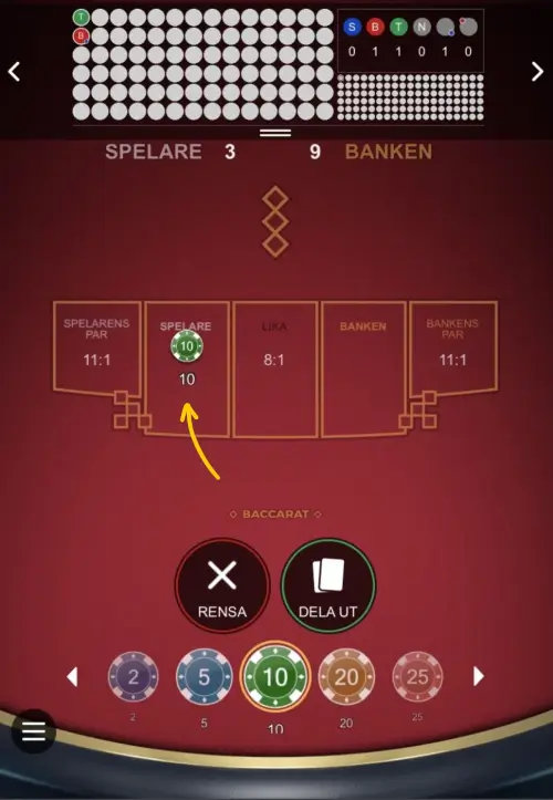 Baccarat spelrunda steg 1: välj någonting att satsa på