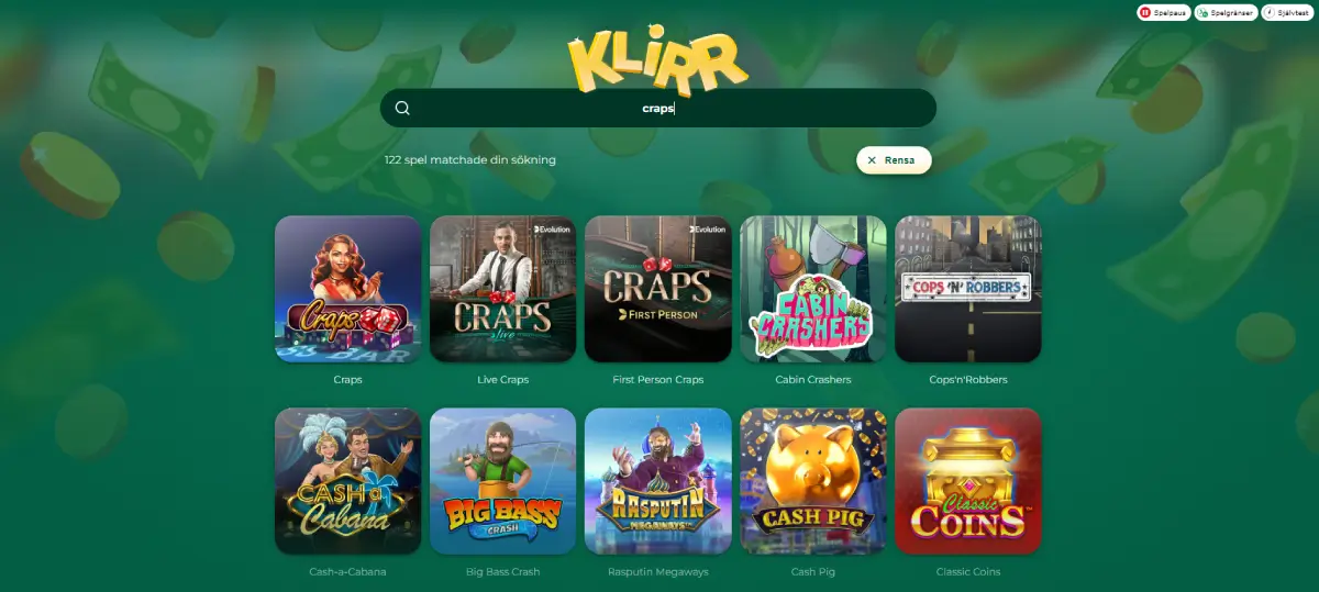 klirr casino craps utbud