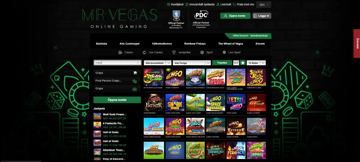 mr vegas craps utbud